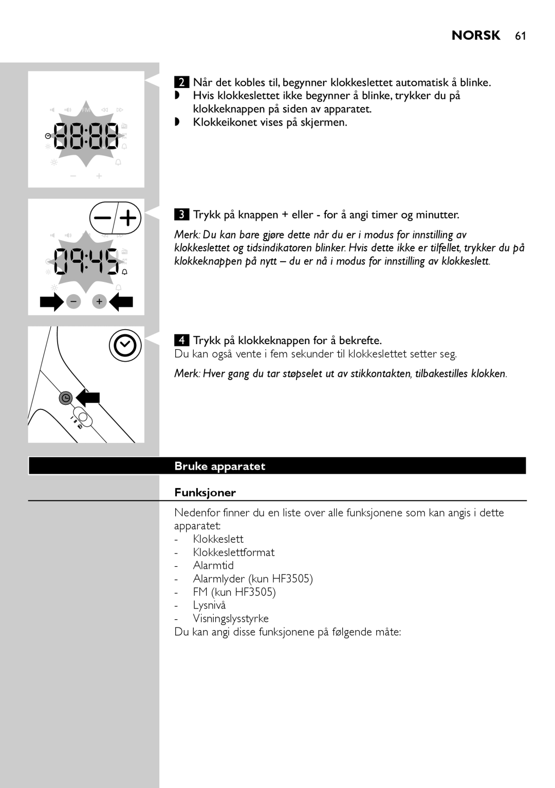 Philips HF3500, HF3505 manual Norsk, Bruke apparatet, Funksjoner  